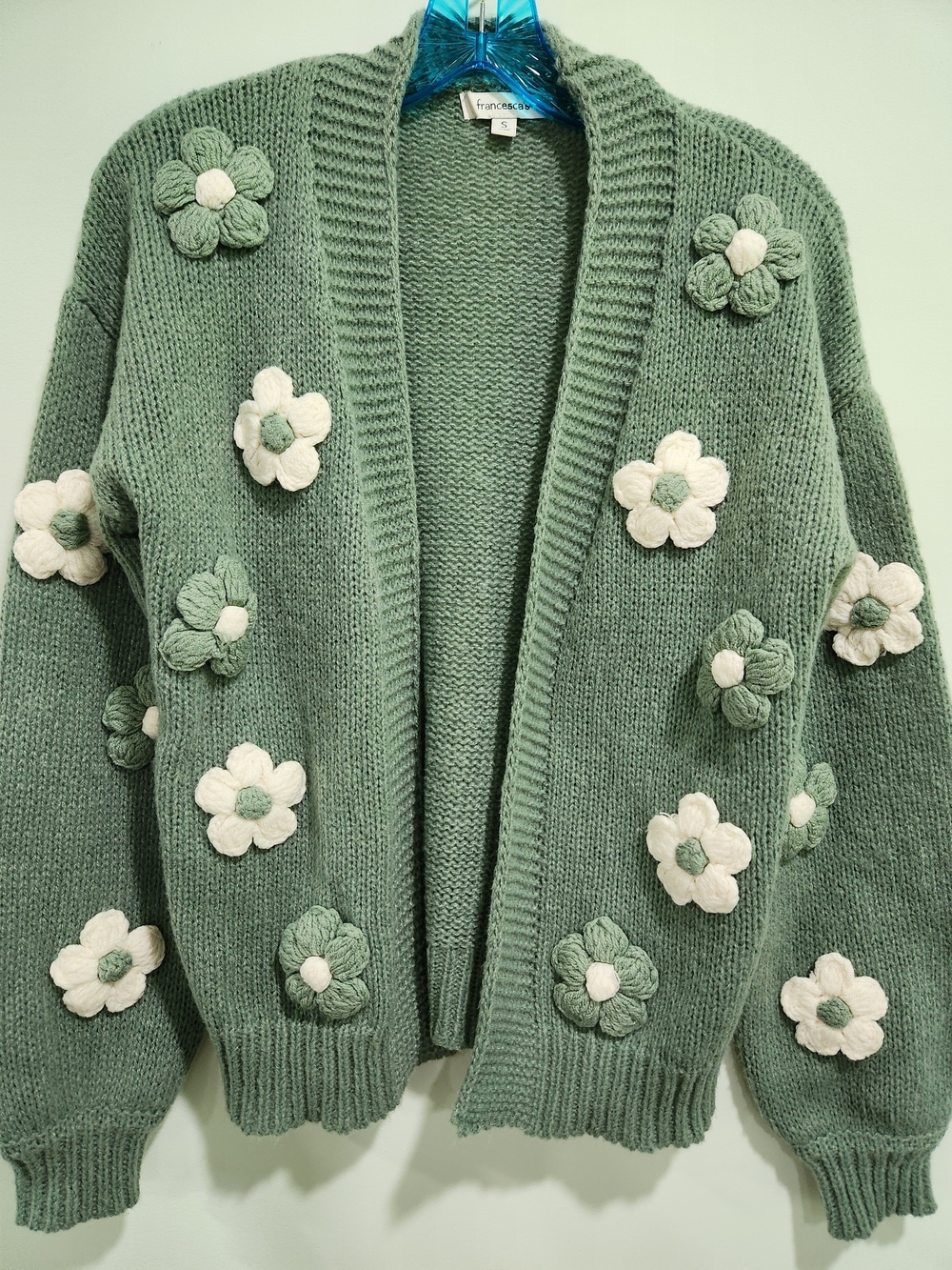 Francesca's Sage Green Knit Cardigan with Cream Floral Appliqués
